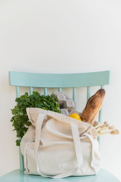 Groceries in reusable shopping bag