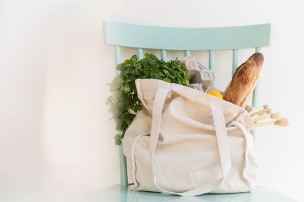 Groceries in reusable shopping bag