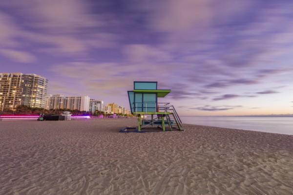 USA, Florida, Miami, Lifeguard hut on beach at dusk