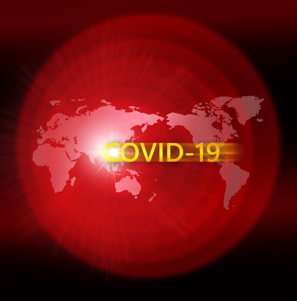 Red world map with Covid-19 sign