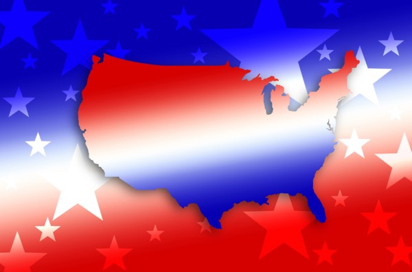 Digitally generated image of shape of USA map and stars
