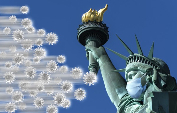 Coronavirus attacking Statue of Liberty wearing surgical mask