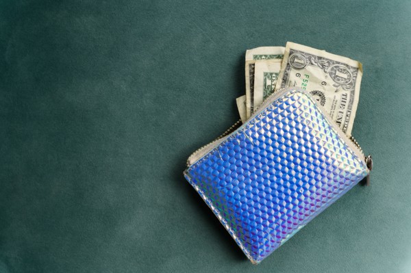 Overhead view of one dollar banknotes in purse