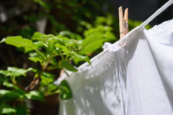 White tablecloth drying on clothesline at green leaves