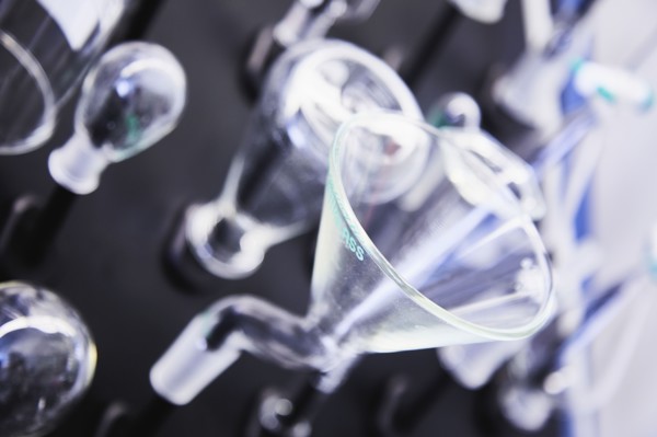 Laboratory glassware on black