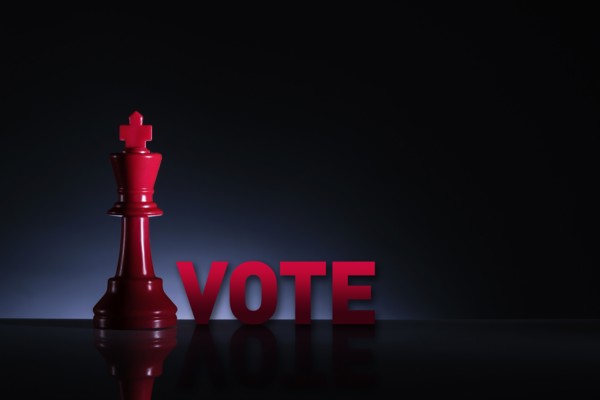 Studio shot of red chess king with word Vote
