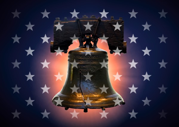 Liberty bell against blue,,