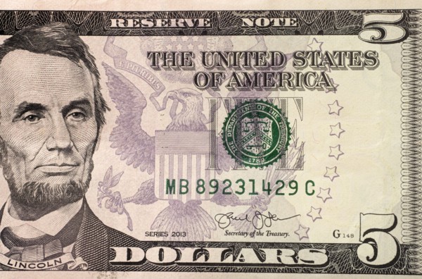 Close-up of US five dollar bill