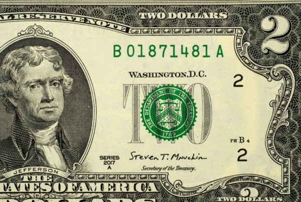 Close up of US two dollar bill