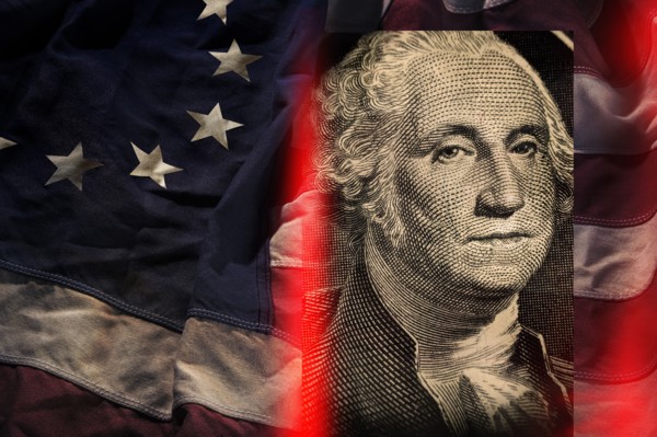 George Washington against American flag,,