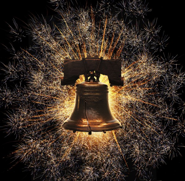 Liberty Bell against firework display,,