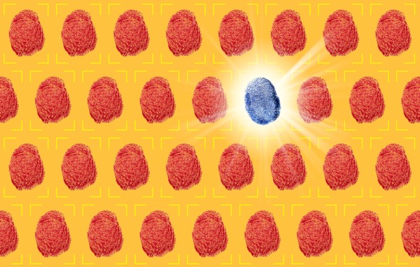 One blue fingerprint between red fingerprints on yellow background