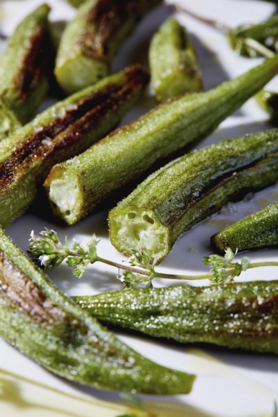 Close up of roasted okra pieces