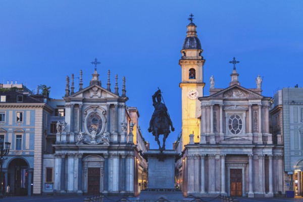 Italy, Piedmont, Turin, Equestrian statue in front of church