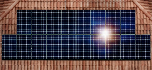 Solar panels reflecting sun on house roof