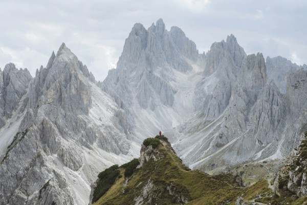Italy, South Tirol, Belluno, Sexten Dolomites, Cadini di Misurina, Barren mountains on cloudy day