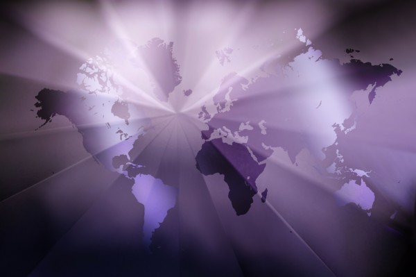 Purple world map with light beams