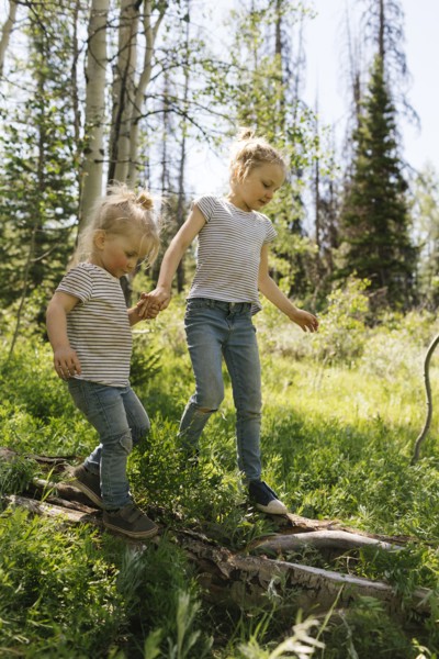 USA, Utah, Uinta National Park, Two sisters (2-3, 6-7) walking on log in forest