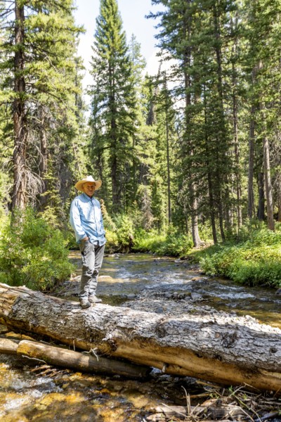 USA, Idaho, Sun Valley, Man standing on fallen tree over river in forest