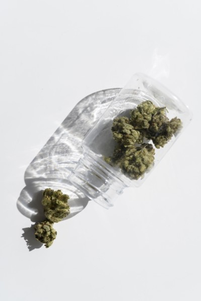 Studio shot of cannabis buds in jar