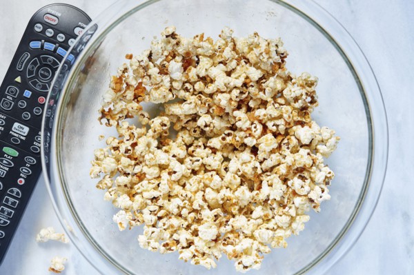 Bowl of popcorn viewed from above