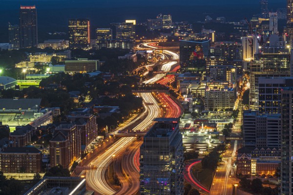 Downtown traffic at dusk