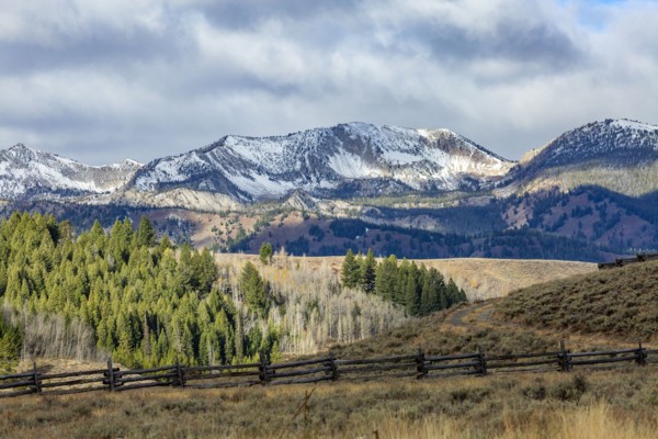 Ranch landscape with mountains and forests
