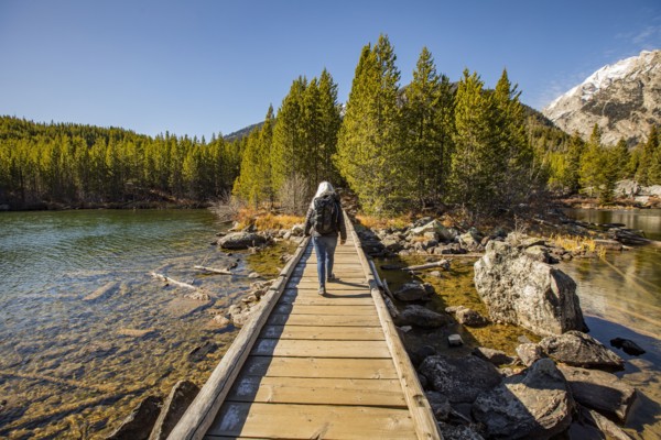 Senior woman walking on wooden path over Taggart Lake in Grand Teton National Park