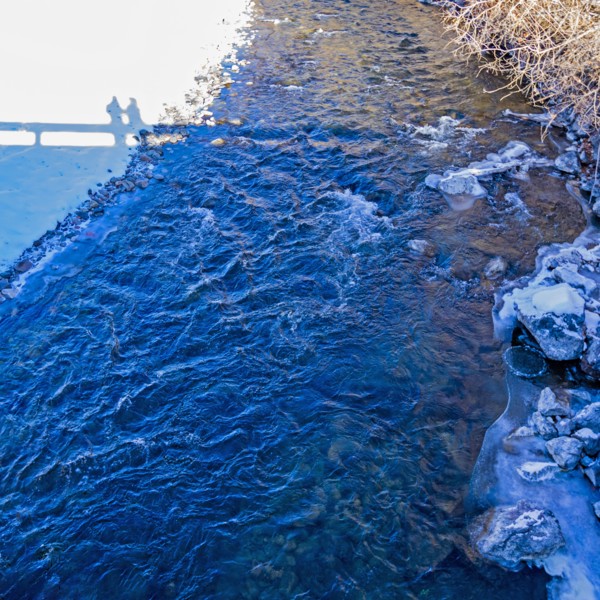 Shadows of onlookers on bridge over Big Wood River