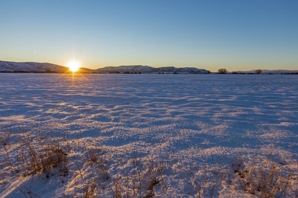 Sun setting over snowy field