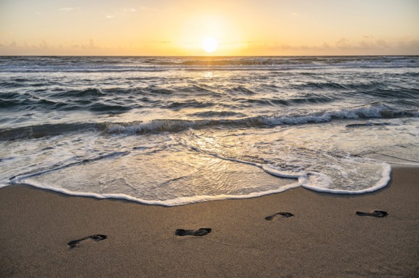 Footprints on beach at sunset