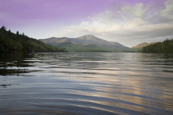 Calm Lake Placid and Whiteface Mountain at sunset