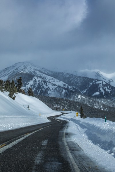 Road through snowy mountains