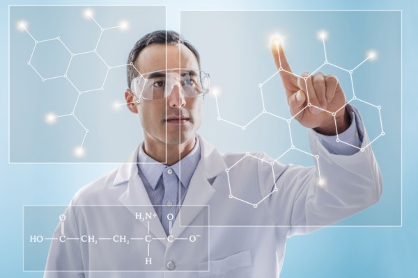 Scientist using virtual screen for chemical research