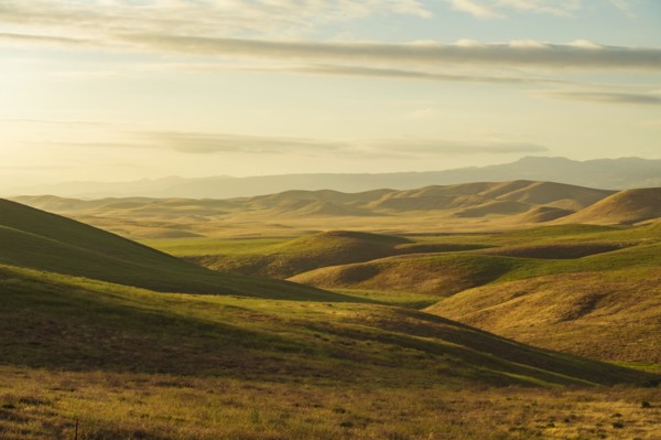 Hilly landscape at sunset