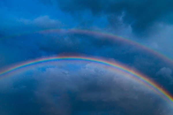 Double rainbow against stormy sky