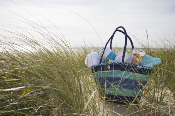 Beach bag packed for day at beach