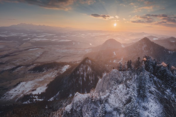 Poland, Lesser Poland, Mountain landscape in Pieniny National Park at sunset