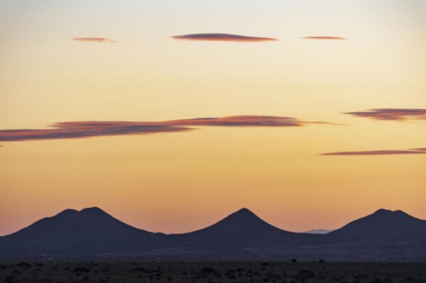 Usa, New Mexico, Santa Fe, El Dorado, Sunset sky over landscape with hills