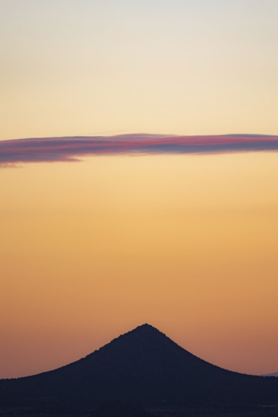 Usa, New Mexico, Santa Fe, El Dorado, Sunset sky over landscape with hills