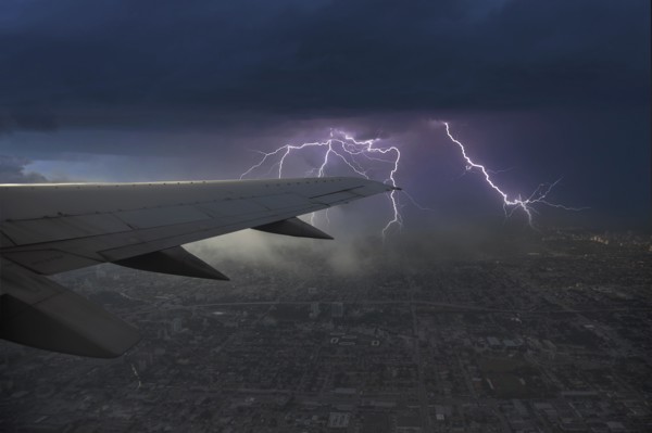 Thunderstorm and lightning seen from airplane
