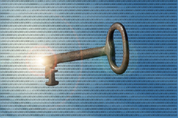 Skeleton key floating in binary code