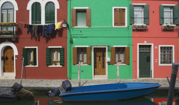 Gondolas parked in Venice Burano canal