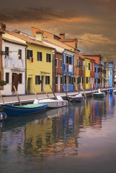 Gondolas parked in Venice Burano canal