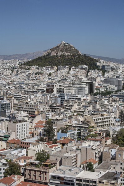 Aerial view of Athens cityscape and mountain