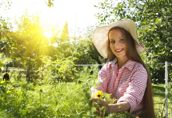 Caucasian woman examining plants in garden