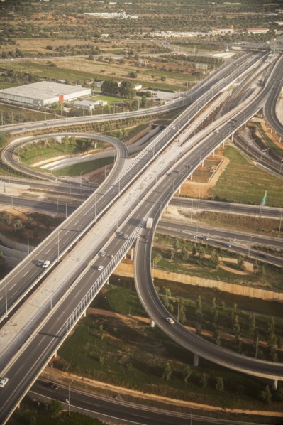 Aerial view of freeway roads in rural landscape