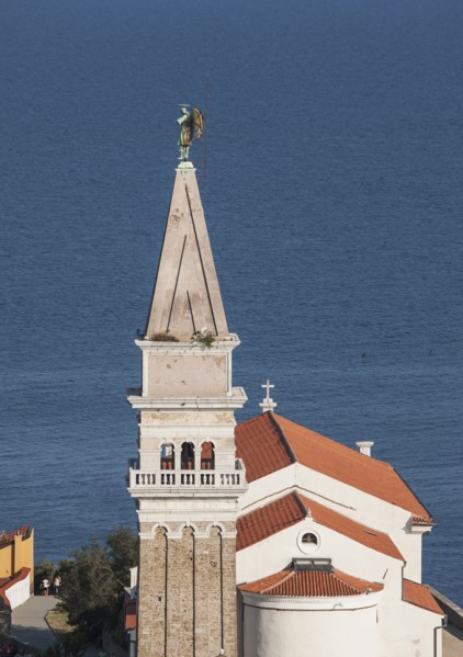 Aerial view of tower in Piran cityscape