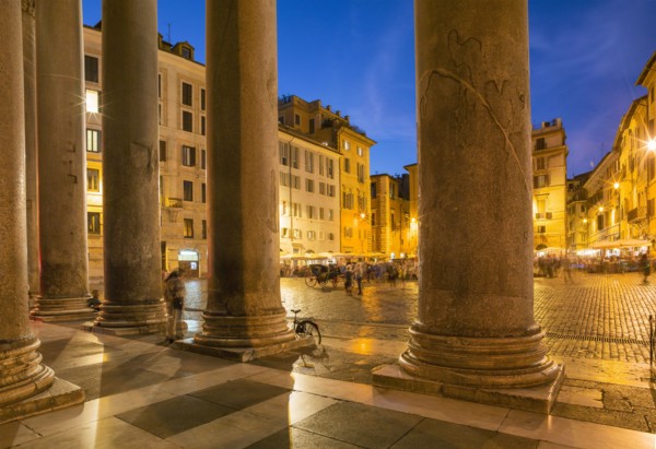 Pantheon Square illuminated at night