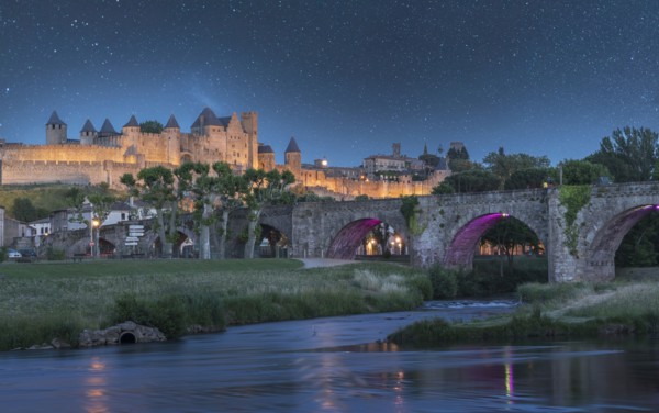 Stars at night over fortified city of Carcassonne